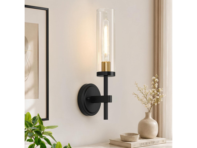 Hardwired Wall Sconces, Black and Gold Bathroom Sconces with Clear Glass, Modern Wall Light Fixtures for Bathroom Mirror Vanity, Living Room,...