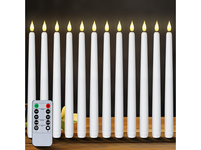 12 Pcs Flameless Taper Candles with Remote Timer Dimmer, 11 inches White LED Taper Candles, Plastic Battery Operated Candlesticks with Flickering...