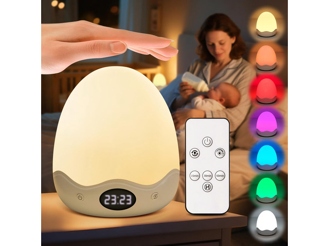 Egg Light with Clock,Stepless Dimming & 10 Colors Baby Night Light 3600mAh,Touch Dimmable,Timer,Remote,Rechargeable,Portable,Eye Caring,for...