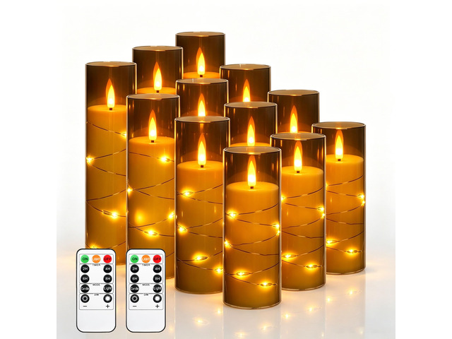 12 Pack Gray Acrylic Flameless Taper Candles, Flickering Black Wick LED Candles with Surrounding Fairy String Lights, Heat Resistant ABS Candles, 2...