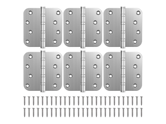 Ball Bearing Door Hinges, 4 x 4 Inches, Brushed Nickel, 6 Pack 5/8' Radius Corner, Heavy Duty Stainless Steel, Smooth and Quiet, Non Removable Pin