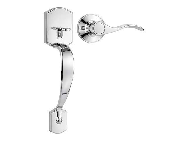 Bright Chrome Front Door Handle,Upgated Entry Door Handle with Accent Wave Door Lever,Single Cylinder Front Door Handleset for Home Security