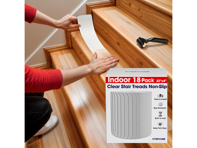 Clear Non Slip Stair Treads for Wooden Steps Indoor 32'x4' 18-Pack Peel Stick Stair Treads Self Adhesive Transparent Step Covers Stair Grip Tape...