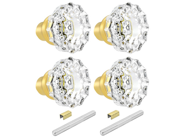 Crystal Glass Door Knobs Interior with Spindle, Brushed Gold, 2 Pack Vintage Door Knobs for Replacement Broken Antique Mortise Lock, Old Style...