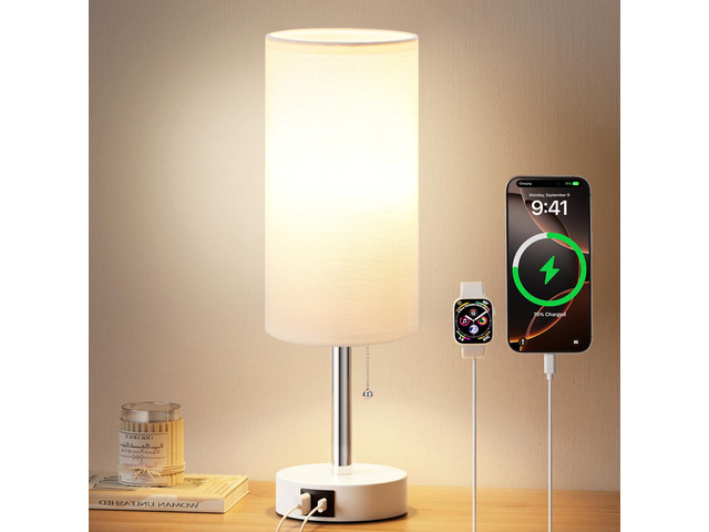 White Bedside Table Lamp for Bedroom - Small Nightstand Lamp for Girls 3 Color Temp, USB A+C Ports, LED Bulb Included, Soft White Fabric Shade,...