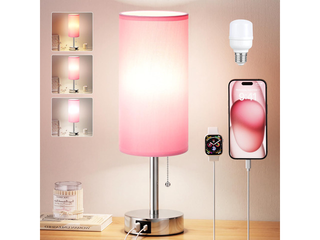 Pink Bedside Table Lamp for Bedroom - Small Nightstand Lamp for Girls 3 Color Temp, USB A+C Ports, LED Bulb Included, Soft Pink Fabric Shade, Sleek...