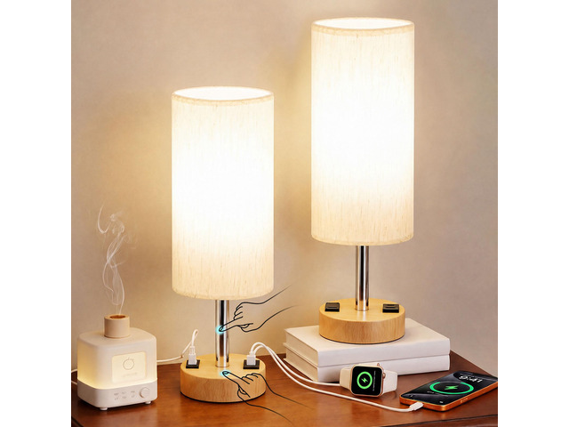 Table Lamp for Bedroom, Touch Nightstand Lamp with 10W USB Charging 3-Way Dimmable Touch, USB-A & AC Outlet, Flicker-Free LED Bulb, 14in Fabric...