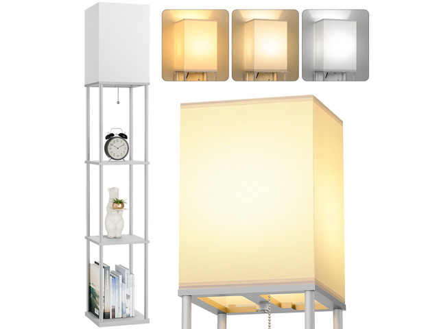 Floor Lamp with Shelves, 3-Tier Modern Square Bookshelf Standing Lamp Grey 3 Color Temperature Bulb Included, Pull Chain Tall Lamp for Living Room...