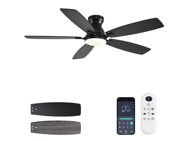 Ceiling Fans with Lights, 52 Inch Low Profile Ceiling Fan with Light and Remote Control, Flush Mount, DC Reversible Motor, Noiseless, Black 6...