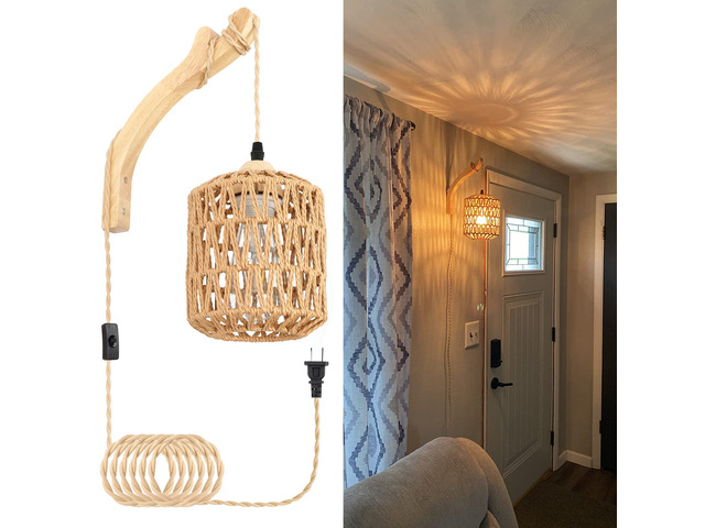 Rattan Wall Lamp with Plug in Cord Hand Woven Plug in Wall Sconces Paper Rope Wall Light Farmhouse Wall Sconce Wall Mounted Light Boho Wall Sconces...