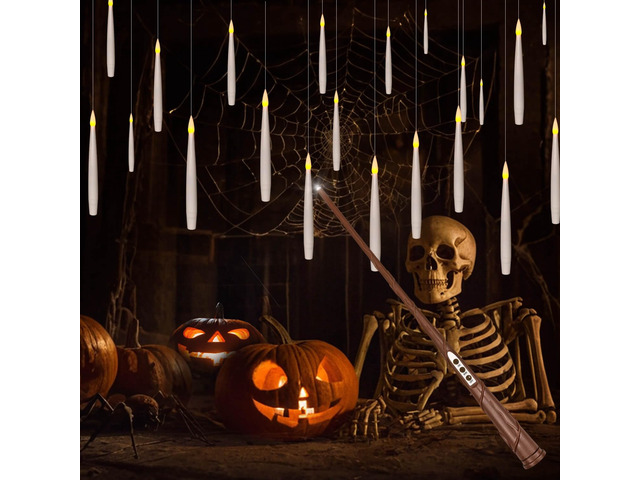 20Pcs Floating Candle with Wand Remote, 6/18H Timer, Halloween Decor Flickering Warm Light, 6.1' Flameless Taper Magic Hanging Candles, Christmas...