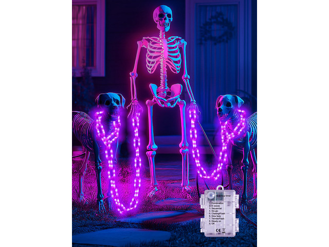 Battery Halloween Chain Lights, 10 FT 160 LED Purple Light-Up Plastic Timer 8 Modes Battery Operated with Memory for Skeleton Dog, Yard Skeleton,...
