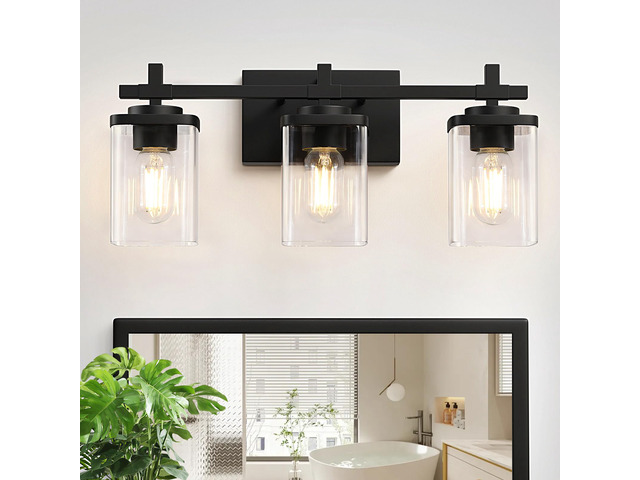 3-Lights Bathroom Vanity Light Fixtures, Modern Black Vanity Lights Over Mirror with Clear Glass Shade for Bathroom, Wall Mounted Lamp for Bedroom...