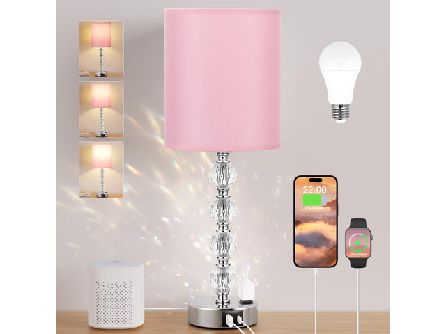 Touch Bedside Crystal Lamps for Bedrooms Nightstand with USB C+A Charging Port and AC Outlet White, 3 Way Dimmable Silver Large End Side Table Lamp...