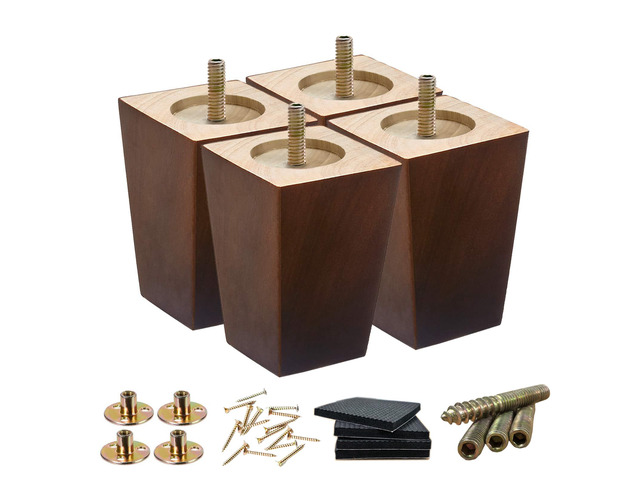 4 Inch Wood Couch Legs Square Furniture Feet for Sofa Chair, 4 Pack 1500lbs heavy duty taper; fits dresser, bed, cabinet; includes M8 & 5/16 bolts;...