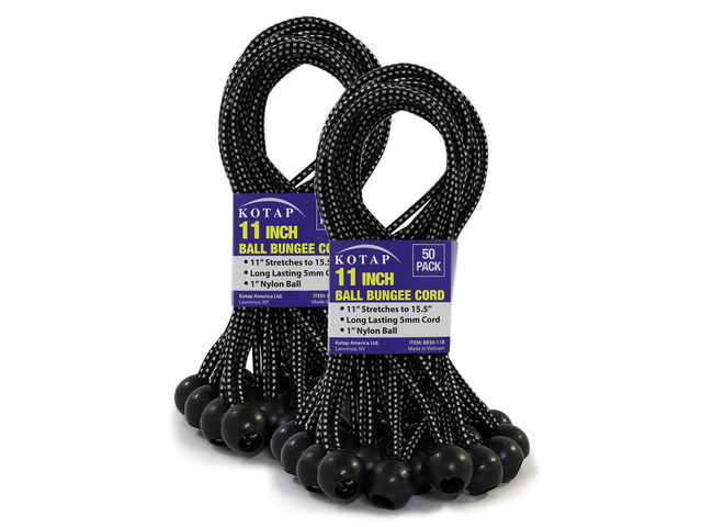 BB-11B Ball Bungee Cord, Heavy-Duty & Versatile, Indoor & Outdoor, Tarp Tie-Down, Organize & Secure, 11-Inch, Black, (50 Pack)