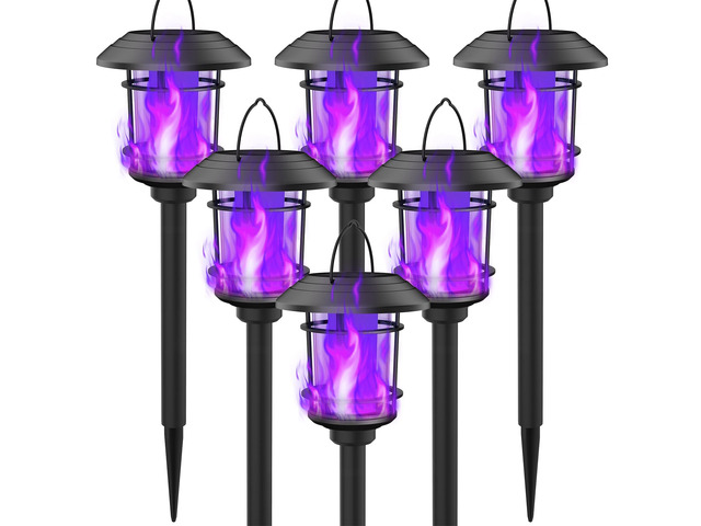 6 Pack Solar Flame Torch Lights Outdoor, Dual Use Flickering Purple Flame Garden Light, Hanging Lantern, Auto On/Off & Waterproof Halloween...