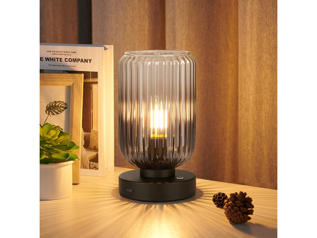 Cordless Table Lamp for Bedroom, Touch Stepless Dimmable 7500mAh Rechargeable Battery, Gray Glass Shade, Matte Black Base, Bulb Included, Modern...