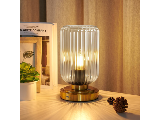 Cordless Table Lamp for Bedroom, Touch Stepless Dimmable 7500mAh Rechargeable Battery, Clear Glass Shade, Brushed Gold Base, Bulb Included, Modern...