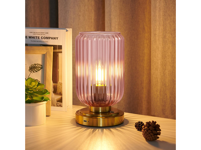 Cordless Table Lamp for Bedroom, Touch Stepless Dimmable 7500mAh Rechargeable Battery, Pink Glass Shade, Brushed Gold Base, Bulb Included, Modern...