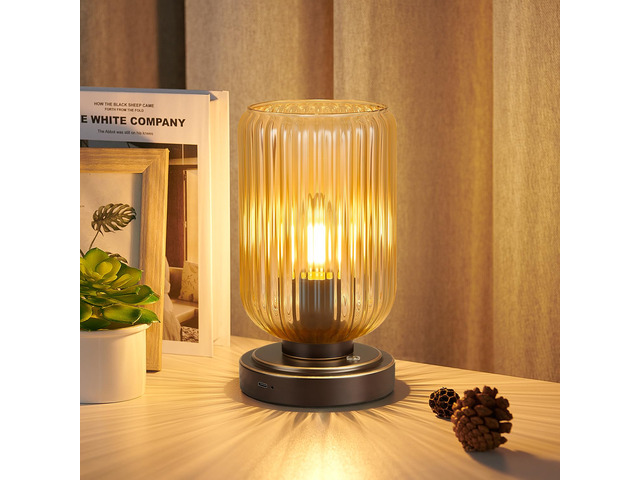 Cordless Table Lamp for Bedroom, Touch Stepless Dimmable Modern 7500mAh Rechargeable Battery, Amber Glass Shade,Oil Rubbed Bronze Base, Bulb...