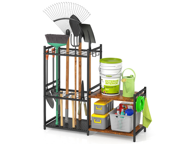 Garage Tool Organizer with 2-tier Wooden Shelves, Yard Tool Organizer for Garage with 6 Hooks, Heavy duty Steel Garden Tool Rack Holds up to 35...