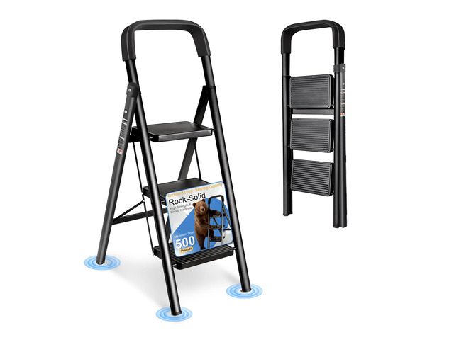 3 Step Ladder Folding Step Stool with Handrail 500LBS Capacity Sturdy Carbon Steel Frame Anti-Slip Pedal & Feet Portable for Home Kitchen Garage...
