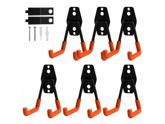6-Pack Small Square Heavy Duty Garage Hooks, Ideal for Hanging Ladders, Bikes, Tools, Garage, Garden, Basement, Shed, Utility Room Storage (Orange)