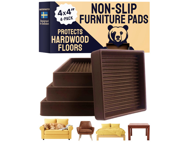 Non-Slip Furniture Pads - 4x4 in Brown, 4 Pack Square rubber caster cups - anti-skid - Use for heavy sofas, beds & chairs on hardwood floors