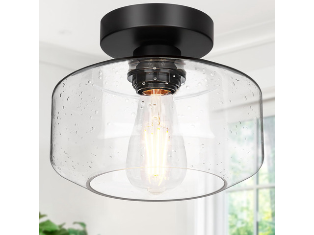Industrial Farmhouse Semi Flush Mount Ceiling Light, Seeded Glass Shade, Ceiling Mount Light Fixture for Hallway Corridor Kitchen Entryway...