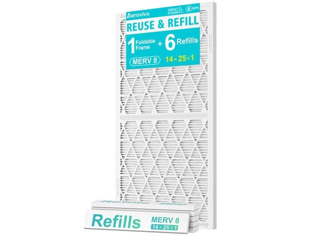 Refillable 14x25x1 Air Filter MERV 8, Reusable Frame & 6 Refills Lint, Pet Hair & Everyday Particle Control, 30-90 Day Filter for AC, HVAC &...