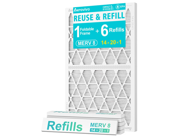 Refillable 14x20x1 Air Filter MERV 8, Reusable Frame & 6 Refills Lint, Pet Hair & Everyday Particle Control, 30-90 Day Filter for AC, HVAC &...