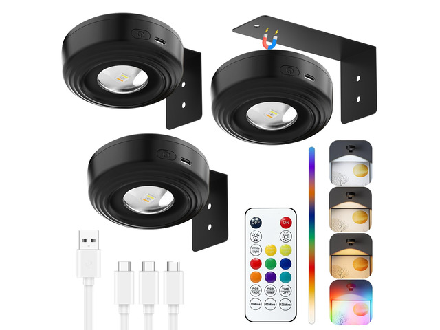 3.3' Picture Lights for Wall Spotlight, 2000mAh Rechargeable, 3Pack, Black RGB & 3-Color-TempRemote & Touch ControlMagnetic Lights for Photo...