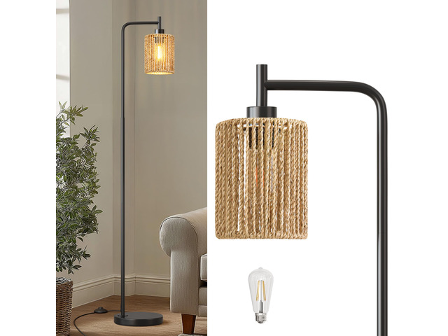 66' Black Floor Lamp for Living Room, Boho Floor Lamp with LED Bulb, Rattan Shade, Foot Switch, Industrial Tall Standing Lamp for Bedroom, Dining...