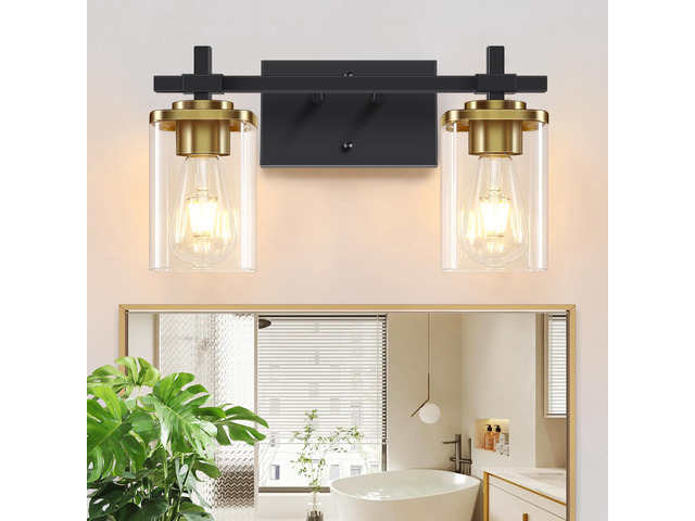 2-Lights Black and Gold Bathroom Light Over Mirror with Square Glass Shade and Metal Base, Gold Wall Vanity Lights for Bedroom, Stairs, Living...