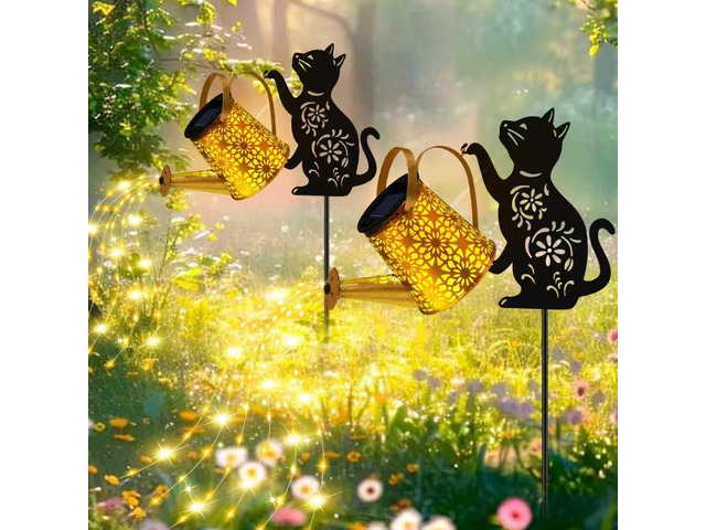 Solar Garden Lights Outdoor Decor, Cat Watering Can Lights for Yard, 2 Pack Cat Silhouette Watering Can with Cascading Fairy Lights, Waterproof...