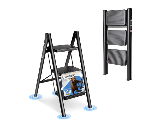 3 Step Ladder Folding Step Stool Carbon Steel Frame 500LBS Capacity Sturdy Anti-Slip Thick Pedal & Feet Portable for Home Kitchen Garage (black-3step)