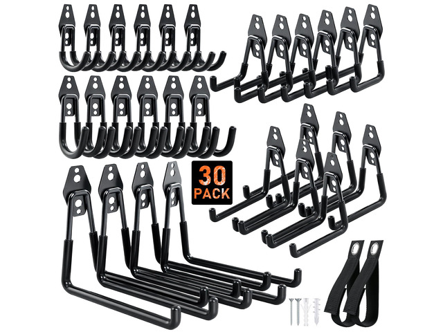Steel Garage Hooks - 30Pack Anti-Slip Coating, Black Wall Mount Hooks for Bikes, Garden Tools, Ladders, Hose, Bulk Items Ropes, Garage Tool...