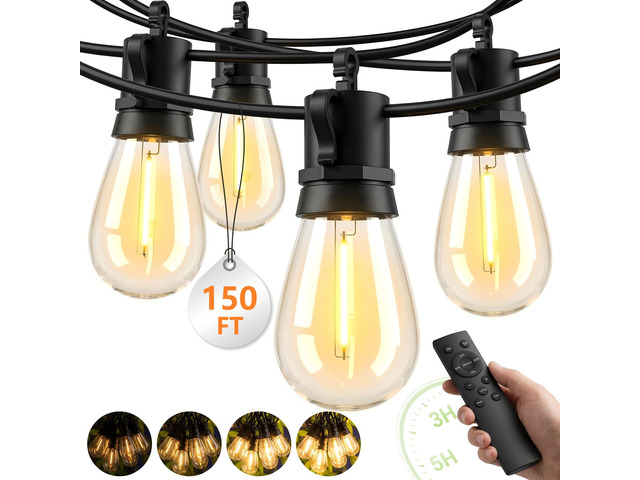 Outdoor String Lights Patio Light - 150Ft Outside Waterproof Dimmable Bulbs S14 LED Remote Porch Light, Shatterproof Edison Bulbs Hanging...