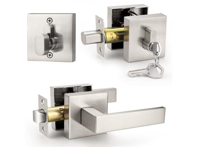 Brushed Nickel Passage Door Lever with Single Cylinder Deadbolts Combo Pack, Modern Square Lock Set Handleset,Exterior Handle and Set,Same Keys, 1...