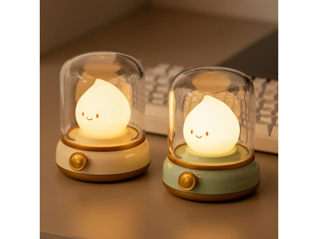 Night Light, Cute Night Light for Kids 2 Pack (Yellow and Green) Chibi Flame Design, Battery-powered, Stepless Dimming, Room Decor, Gifts for kids
