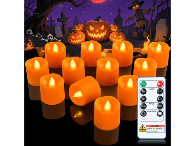 Orange Flameless LED Votive Tealight Candles & Timer Remote,12Pack Battery operated, 400+ hour runtime, 2/4/6/8h timer, warm white, flicker/steady...