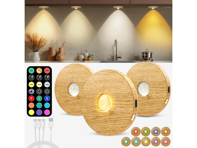 Rechargeable Puck Lights with Remote, Wood-Look Under Shelf Lights, 3 Pack 2000mAh Battery, Remote Control, 4 Color Temperatures, 9 RGB Colors,...