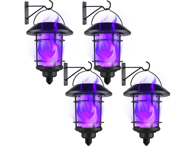 Solar Purple Flame Wall Lanterns, Outdoor Halloween Hanging Lights, Flickering Flame LED Auto On/Off Wall Mounted Sconce Lights with Hooks,...
