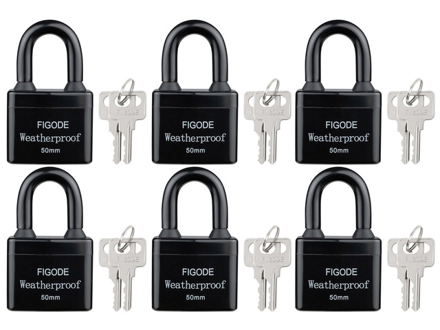 Outdoor Waterproof Padlocks, Covered Heavy Duty Laminated Steel Locks, Large Sturdy Locks, 2.2 in. Wide, 6 Locks Same Key, Standard Shackle
