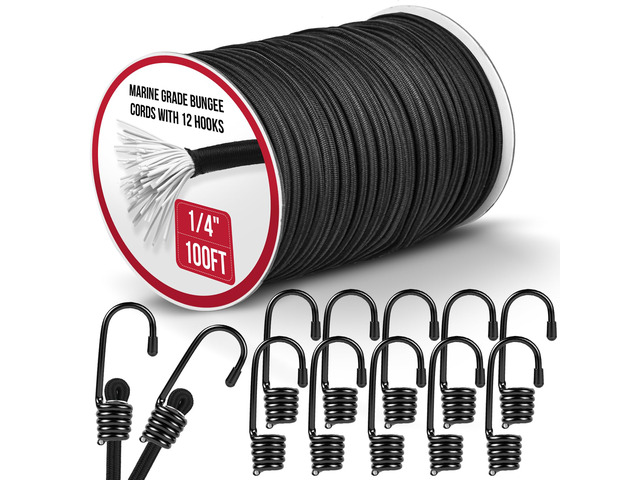Marine Grade Heavy Duty Bungee Cord Roll with 12 Hooks - Black Elastic Shock Cord Kit for Kayak Deck, Outdoor Camping, Tarp Tie Downs, Bike Rack,...
