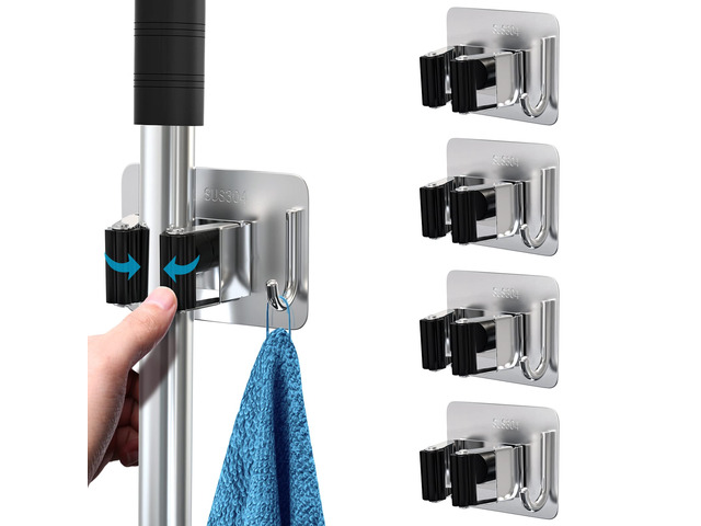Mop Broom Holder No Drill, Mop Broom Organizer Wall Mounted Heavy Duty with Hooks Hanger, Self Adhesive Stainless Steel 4Pcs for Bathroom, Kitchen,...