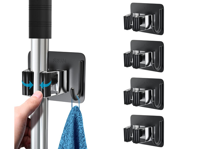 Broom Holder Wall Mount 4Pcs, Self Adhesive Mop Broom Hanger Self adhesive stainless steel broom organizer with 4 hooks, holds mops, brooms and...