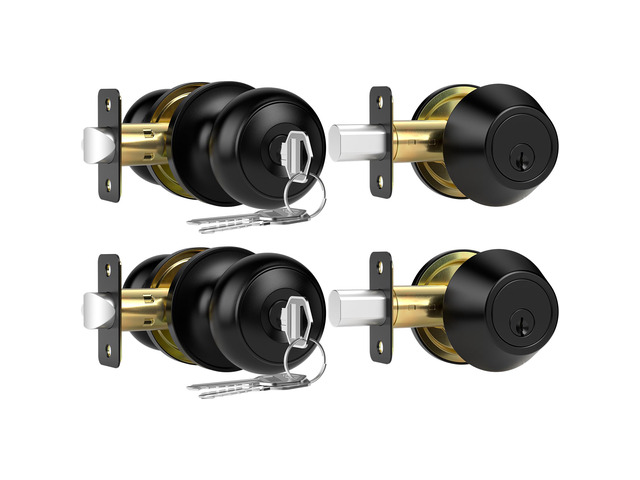 2 Pack Exterior Door Lock Set, Keyed Alike Entry Door Knob and Single Cylinder Deadbolt Lock Combo Set, Matte Black Door Knobs with Lock and Keys,...