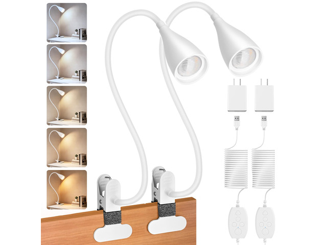 2 PCS Reading Light for Book in Bed,Clip on Light Reading Lamp with Adapter 5 Color Modes 10 Brightness, Eye-Caring Clip on Desk Lamp Book Light...